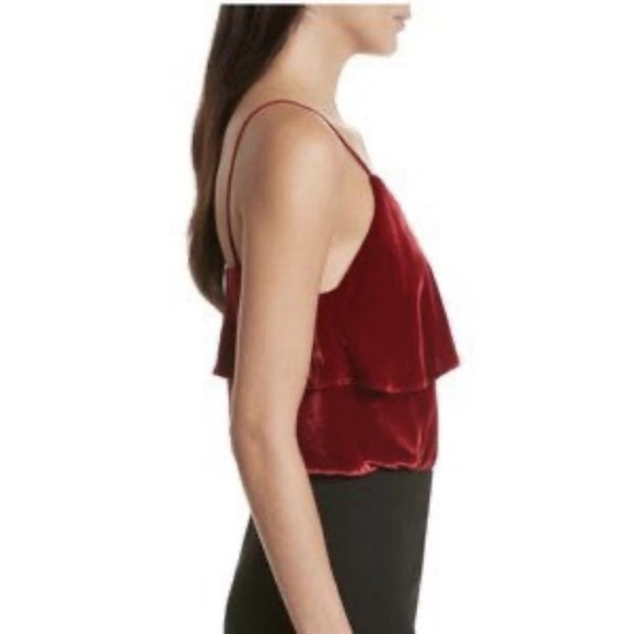 Alice + Olivia Vanessa Sultry Red Velvet Ruffle Sleeveless Camisole Tank Top. - Picture 8 of 15